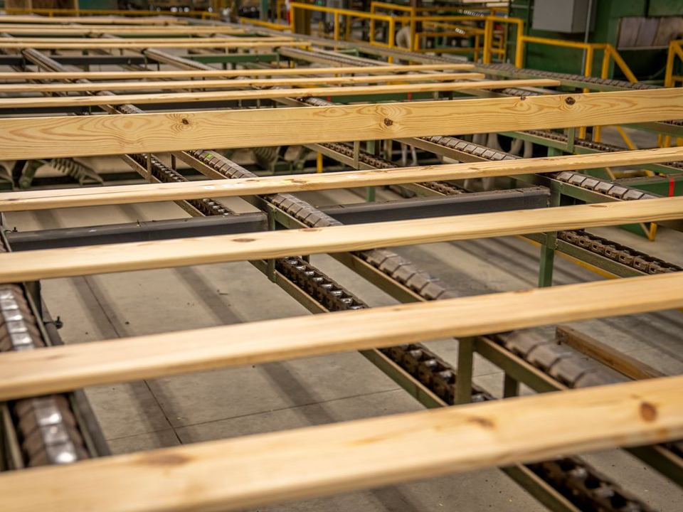 Tablas de pino avanzando por una línea de elaboración